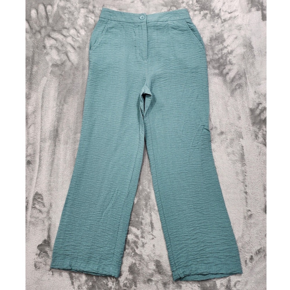 Happily Grey Pants Womens S Green Cropped Wide Leg‎ Crepe Elastic Waist Casual